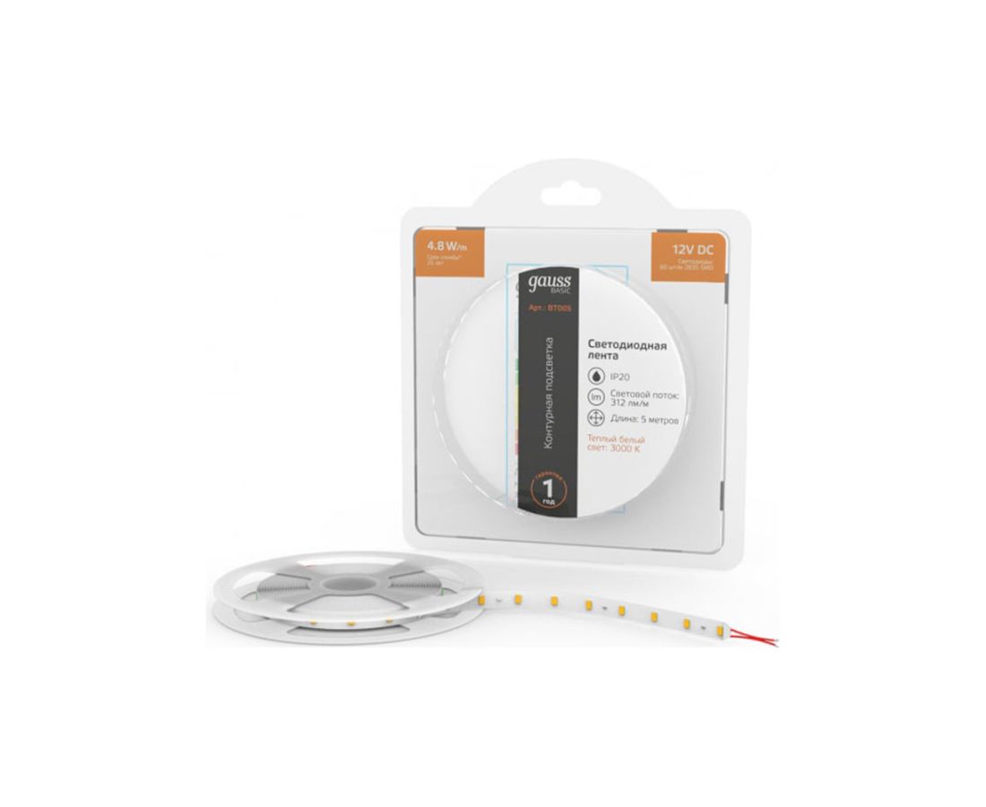 ლედ ლენტი 4.8W 3000K 12V 5M - Gauss — LED განათება